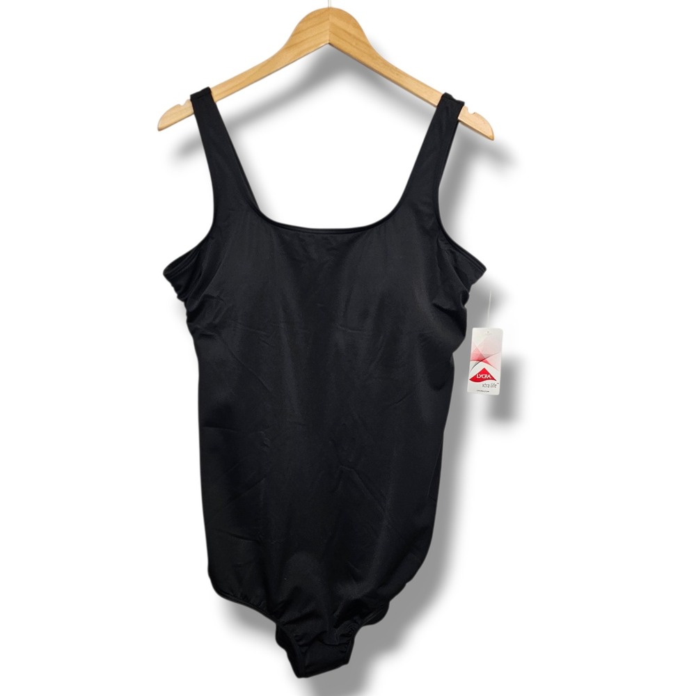 Lands End Swimsuit 18L Women Black One Piece Scoop Neck Lycra Xtra Life Tall NEW
